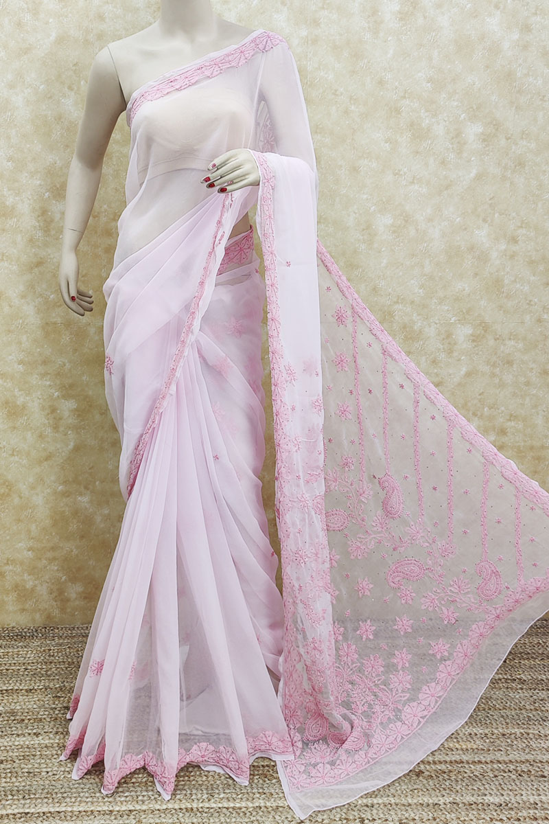 Light Pink Colour White Mukaish Hand Embroidered Lucknowi Chikankari Saree ( With Blouse - Georgette ) MC251895